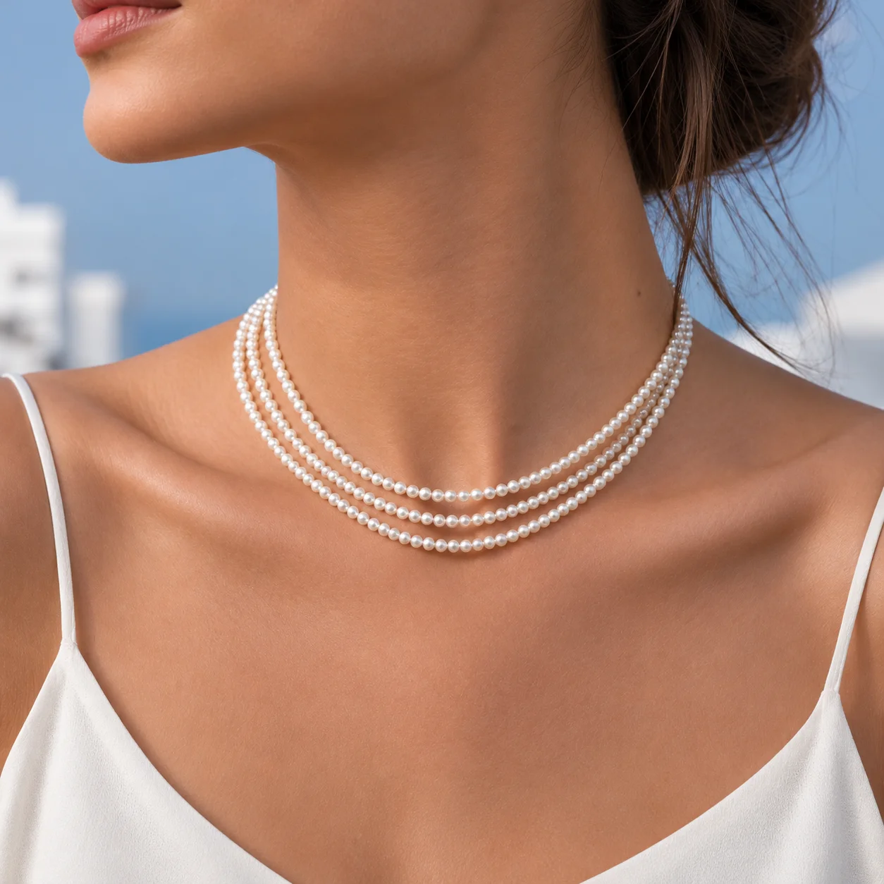 Woman wearing a gold necklace