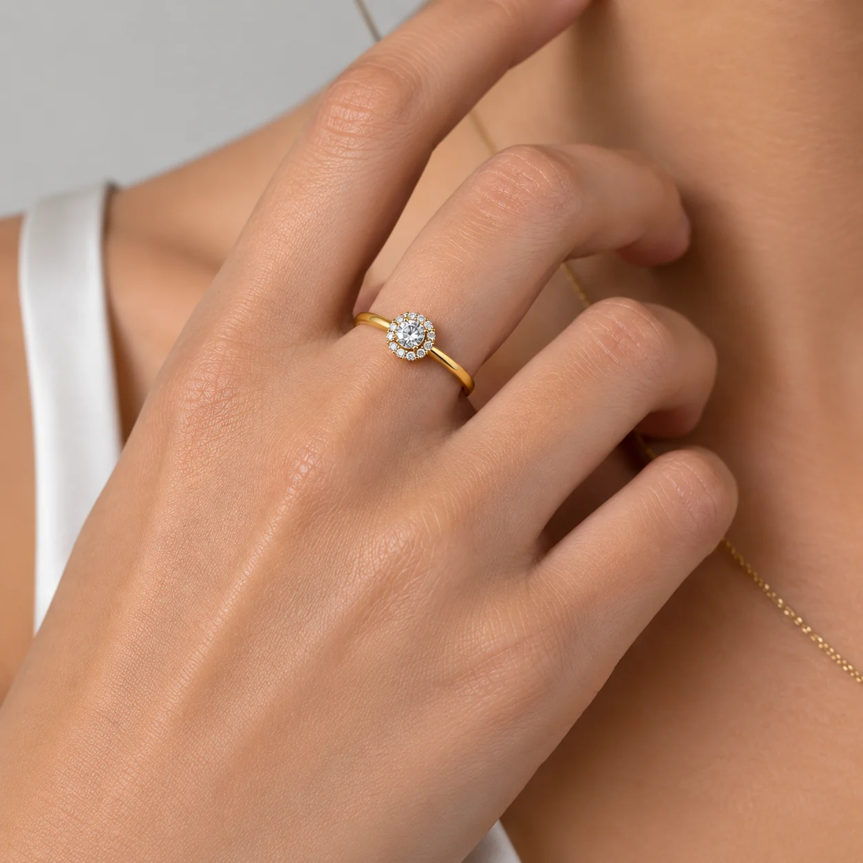 Solitaire diamond ring worn on hand